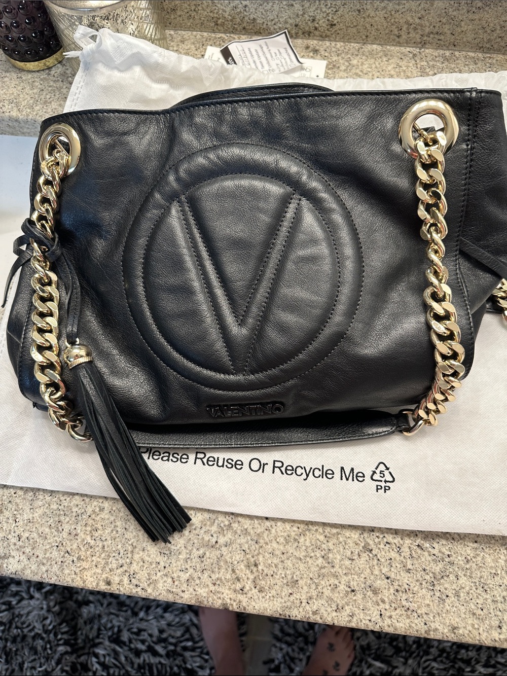ECU Valentino Black Leather Shoulder Bag with Embossed V Logo